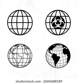 Black and White Stylized Globe Illustration with Grids and Landmarks