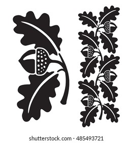 Black and white stylized illustration of acorns and oak leaves. Isolated on white background.