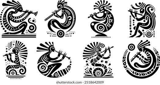 Black and white stylized illustration featuring a figure playing a flute