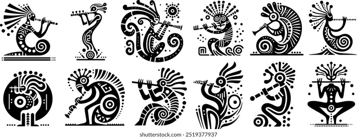 Black and white stylized illustration featuring a figure playing a flute 