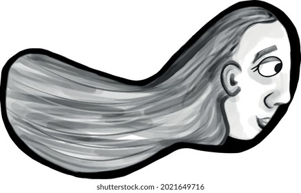 Black and white stylized illustration of a girl with long hair. 