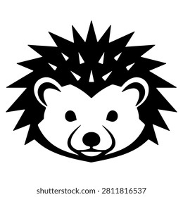 A black and white stylized illustration of a hedgehog with spiky fur and adorable facial features, suitable for various design projects.
