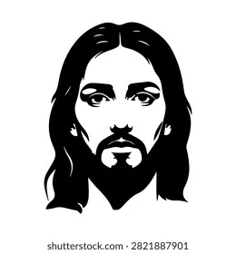 A black and white stylized illustration of Jesus Christ featuring long hair and a beard, emphasizing spiritual and religious symbolism.