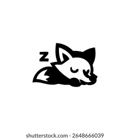 Black and white stylized illustration of a sleeping fox.  Simple, cute, cartoon fox lying down with closed eyes.  Sleeping animal, outlined in bold