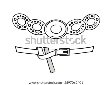 Black and white stylized illustration of two different belt designs. The top belt has circular decorative elements, while the bottom belt is tied in a knot. Vector illustration