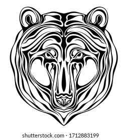 Black and white stylized image of a bear face for tattoo and other.