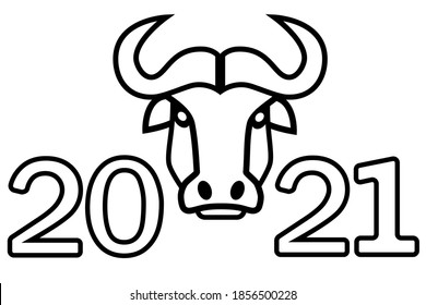 Black and white, stylized image of a bull. Banner, background, cover, calendar dedicated to the New 2021 year of the bull. Happy 2021 Chinese New Year greetings. Vector illustration.