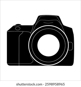 black and white stylized image of a camera with a lens on a white background