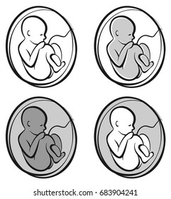 Black and white stylized image of a child in the womb, vector illustration, isolated objects