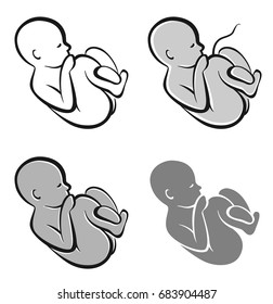 Black and white stylized image of a child in the womb, isolated objects