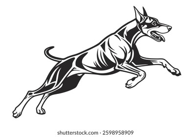 Black and white stylized image of an elegant Doberman running
