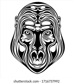 Black and white stylized image of a muzzle of a gorilla for tattoo and other.