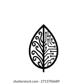 A black and white stylized leaf icon, half organic pattern and half circuit board design, symbolizing the integration of nature and technology.