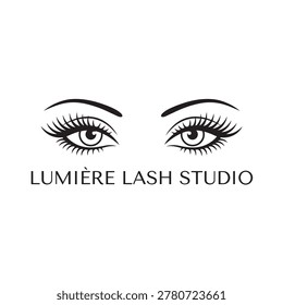 A black and white stylized logo features a pair of elegant eyes with long, voluminous eyelashes, positioned above the text 'LUMIÈRE LASH STUDIO', representing beauty and cosmetic services.