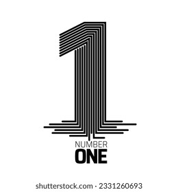 Black and white stylized, logo template formed from repeated lines  with number one isolated on white background. Diagonal logo graphic with 3D number one. Vector illustrations