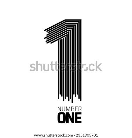 Black and white stylized, logo template formed from repeated lines  with number one isolated on white background. Diagonal logo graphic with 3D number one. Vector illustrations