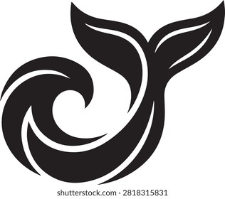 Black and white of a stylized mermaid or fish tail with curved lines and a leaf-like pattern on a white background