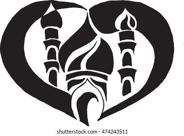 black white stylized mosque with two minarets in the heart shape vector