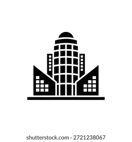 Icono de edificio estilizado de varios pisos en blanco y negro con fachada redondeada