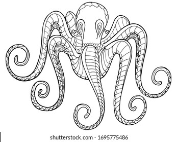 Black and white stylized octopus hand-drawn in the style of zentangle. Patterned lace cephalopod living in the sea. For a coloring book, tattoo, henna drawing, logo, print. Vector.