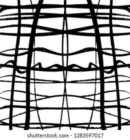 Black and white stylized plaid cell background. Abstract geometric gingham pattern. Fashion simple trendy texture. Handdrawn illustration, EPS