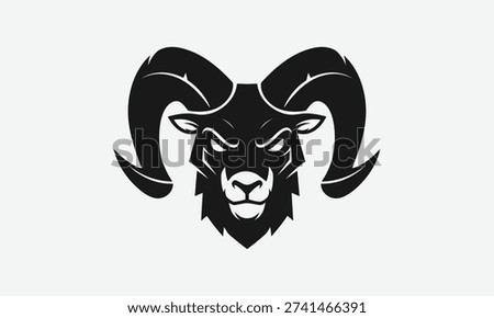 Black and white stylized ram head with curved horns and intense expression