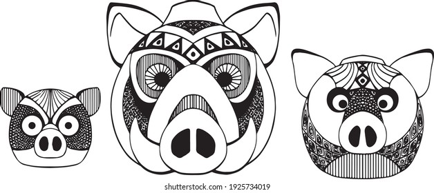 Bares redondos estilizados en blanco y negro. Un jabalí adulto con colmillos y un gran corte de pelo. Hay jabalíes pequeños y medianos por los lados. Lleno de adornos. Dibujado a mano.