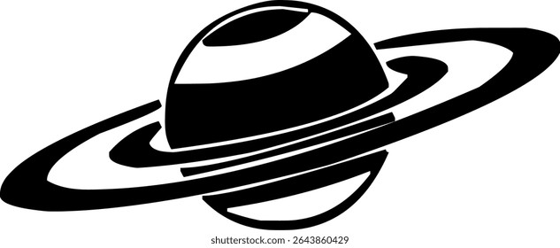 Saturno estilizado em preto e branco com anéis, usado como ícone para temas de espaço e astronomia.
