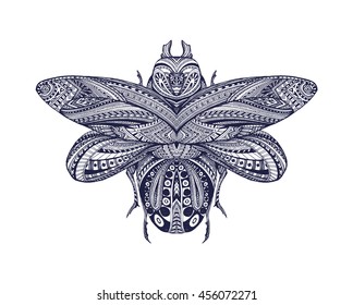 Black and white stylized scarab for coloring book page. Doodle ethnic bug, geometrical pattern. African, egyptian totem. Sketch Tattoo design, mystic magic symbol. Hand drawn vector illustration.