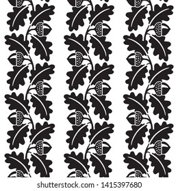 Black and white stylized seamless vector decorative pattern with oak leaves and acorns.