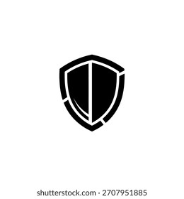 Um ícone de escudo estilizado em preto e branco, simbolizando segurança, proteção e defesa, com um design moderno e minimalista.