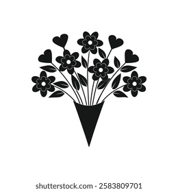 Black and white stylized silhouette of a flower bouquet in a cone vase. A stylized black silhouette of a bouquet consisting of heart-shaped flowers and leaves, arranged in a cone-shaped wrapper.