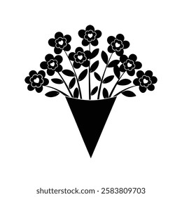 Black and white stylized silhouette of a flower bouquet in a cone vase. A stylized black silhouette of a bouquet consisting of heart-shaped flowers and leaves, arranged in a cone-shaped wrapper.