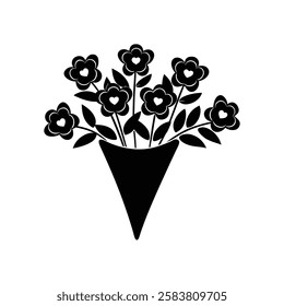 Black and white stylized silhouette of a flower bouquet in a cone vase. A stylized black silhouette of a bouquet consisting of heart-shaped flowers and leaves, arranged in a cone-shaped wrapper.