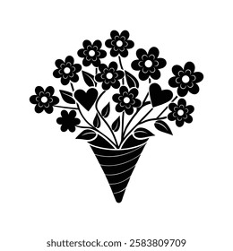 Black and white stylized silhouette of a flower bouquet in a cone vase. A stylized black silhouette of a bouquet consisting of heart-shaped flowers and leaves, arranged in a cone-shaped wrapper.