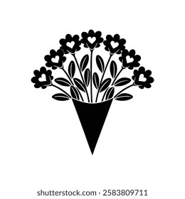 Black and white stylized silhouette of a flower bouquet in a cone vase. A stylized black silhouette of a bouquet consisting of heart-shaped flowers and leaves, arranged in a cone-shaped wrapper.