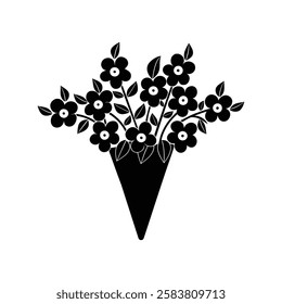 Black and white stylized silhouette of a flower bouquet in a cone vase. A stylized black silhouette of a bouquet consisting of heart-shaped flowers and leaves, arranged in a cone-shaped wrapper.