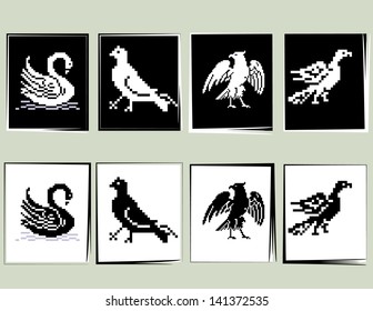 Black and white stylized silhouettes of a swan, pigeon and eagle