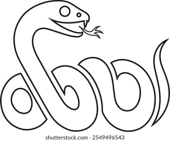 Black and white stylized snake graphical illustration using smooth line art and creative shapes, symbolizing flexibility, motion, and simplicity. Ideal for diverse graphical projects, logos.