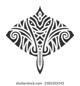 Black and white stylized stingray illustration featuring bold tribal patterns, symmetrical lines, and intricate geometric abstract details. Tribal Stingray Geometric Illustration Design