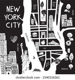 Black and white stylized tourist map of new York drawn by hand for travel guides and cards. Banner about traveling in the city of America. Decorative poster for room. Cute cartoon vector illustration.