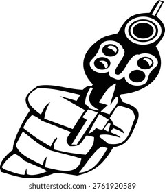 A black and white stylized vector illustration of a hand pointing a revolver handgun directly at the camera. This high-contrast graphic features a dramatic front-view perspective, emphasizing the barrel and cylinder of the firearm. Ideal for concepts related to crime, self-defense, action, or noir-style storytelling.
