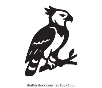 Black and white stylized vector illustration of a harpy eagle perched on a branch with bird of prey wildlife predator illustration minimalist creature silhouette tropical isolated stylized