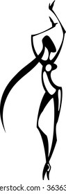 Black and white stylized vector illustration of dancing slim graceful long-legged girl with long hair.