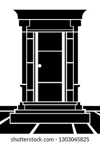 black and white, stylized vector of an old wooden wardrobe with a closed door.