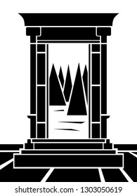 Black and white, stylized vector of an old wardrobe opened to reveal a winter forest.