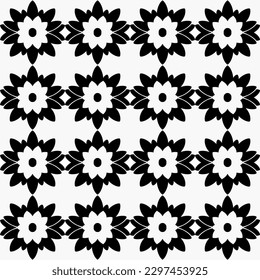 Black and white, stylized vector pattern of flowers repeating seamlessly over dark background, with pop art motifs and deco feel, great for contemporary curtains or unique wallpaper.