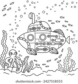 Ilustración del vector del submarino blanco y negro para el libro de colorear. Fondo marino submarino. Dibujo para colorear para niños.