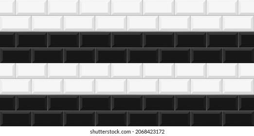 Black and white Subway tile seamless pattern. Wall with brick texture. Vector geometric background design