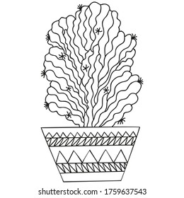 Black and white succulent Trichocereus in a pot. Cactus. Isolated botanical doodle for coloring book. Vector.